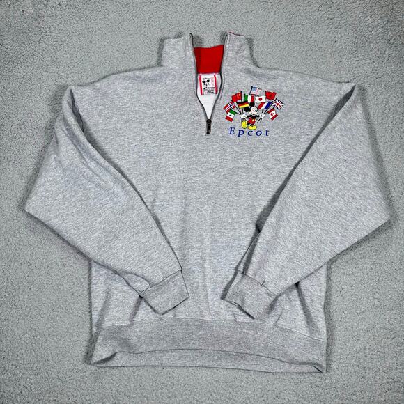 Vintage Walt Disney World Epcot Mickey Mouse 1/4 Zip Sweatshirt Mens Large Flags - Picture 2 of 9